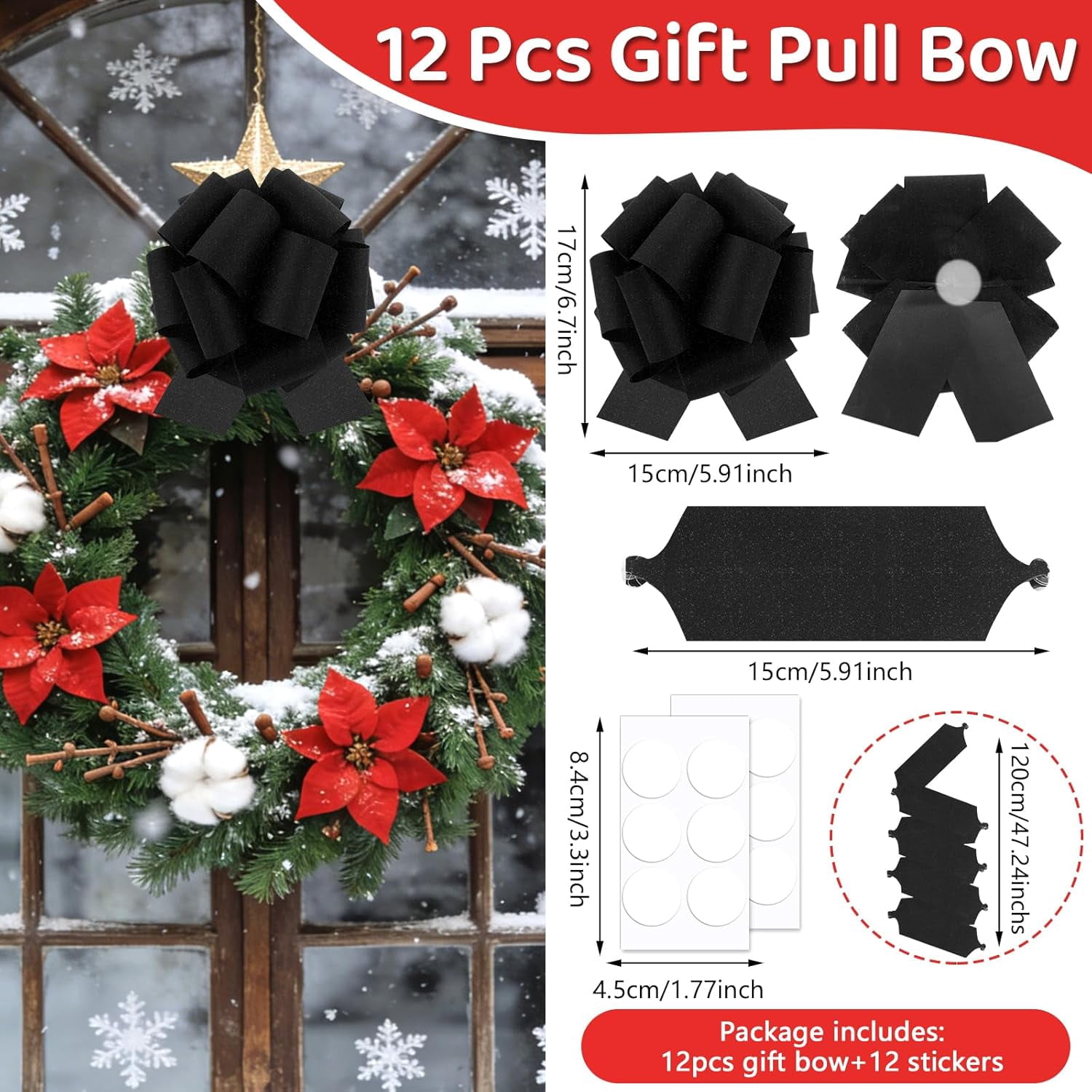 Large Black Pull Bow for Gift Basket Wrapping Xmas Bows Presents Wrap Ribbon Christmas Tree Ornament Wine Bottles Bouquet Flower Valentine's Day Party Decor (Black-I)