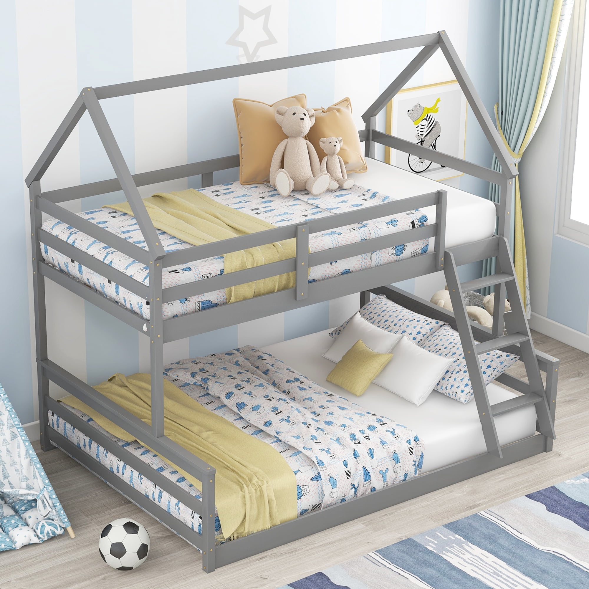 EUROCO Pine Wood Twin over Full Bunk Bed, House-Shaped for Kids Teens Bedroom, Gray