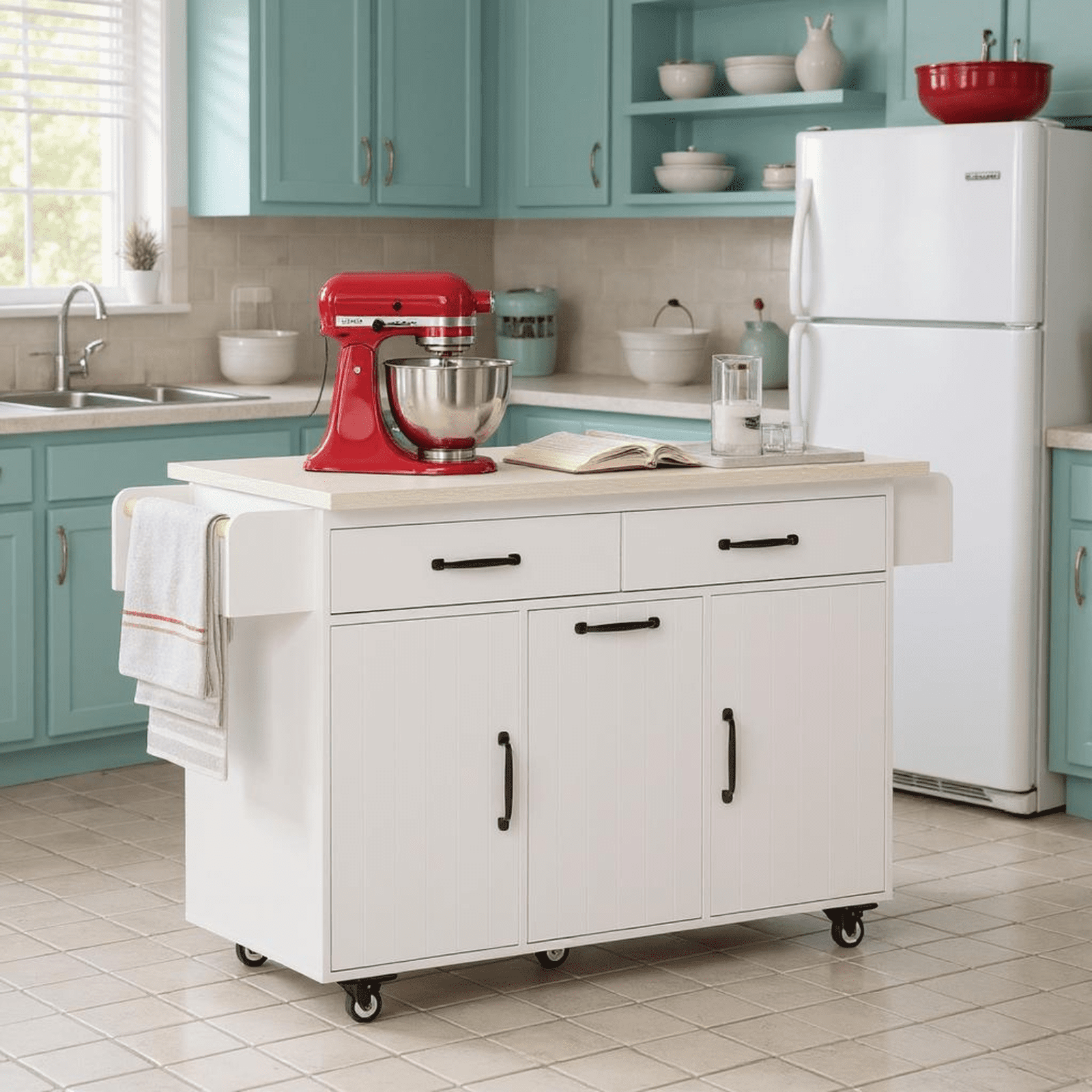 Homy Casa Kitchen Island Cart with Drop Leaf, Tilt-Out Trash Cabinet, Storage Shelves & Drawers, White