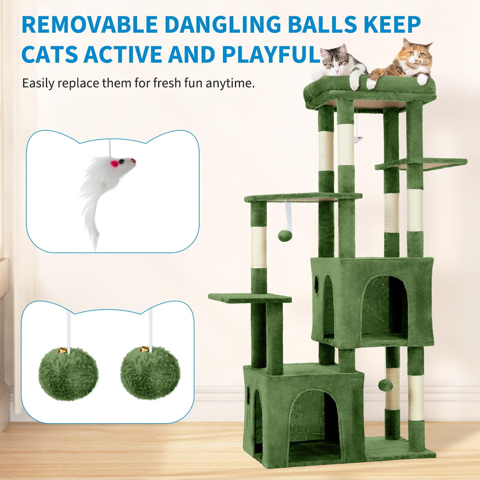 61" Multi-Level Cat Tree for Indoor Cats, Heavy-Duty Tower for Large Adult & Maine Coon Cats with Extra-Large Perch, 2 Spacious Condos, Natural Sisal Scratch Posts & Play Toys（Green)