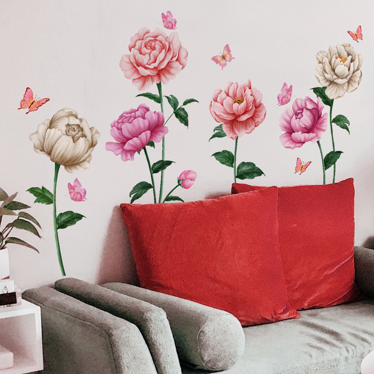 Watercolor Roses Wall Decals Peony flower wall stickers, plant flower stickers Peel and Stick Wall Art Decals for Living Room Bedroom Office Wall Decor glass decals(Red & White Watercolor)