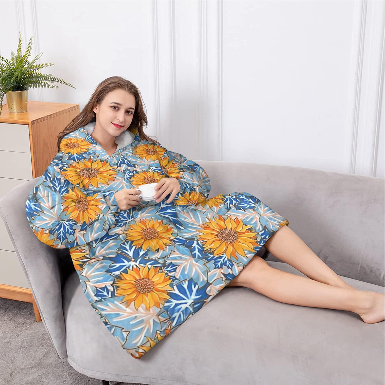 Oversized Wearable Blanket Hoodie,Blue Orange Sunflower Leaf Pattern Sherpa Blanket Hoodie with Super Pockets,Super Warm Fuzzy Pullover for Women & Men