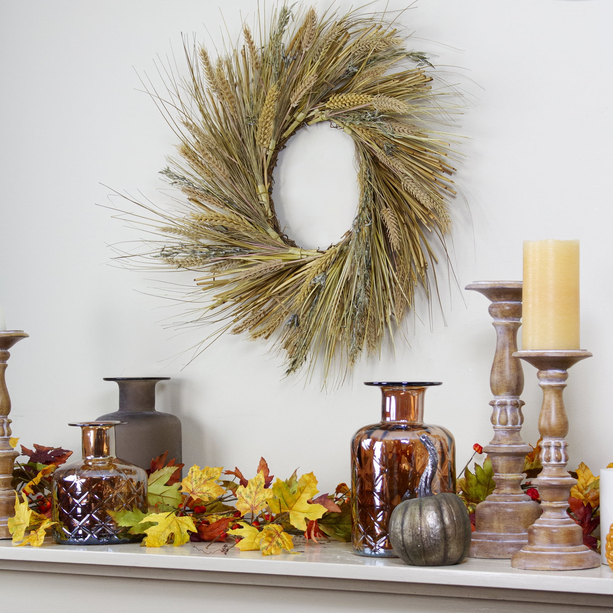 Wheat And Straw Stalks Artificial Wreath Brown 22 Inch Walmart Com Walmart Com