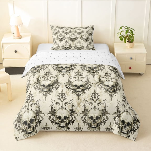 Homewish Boho Skull Skeleton Twin Comforter Sets,Hipple Damask Bedding Set,Beige,Reversible,2pcs,1 Comforter and 1 Pillowcase