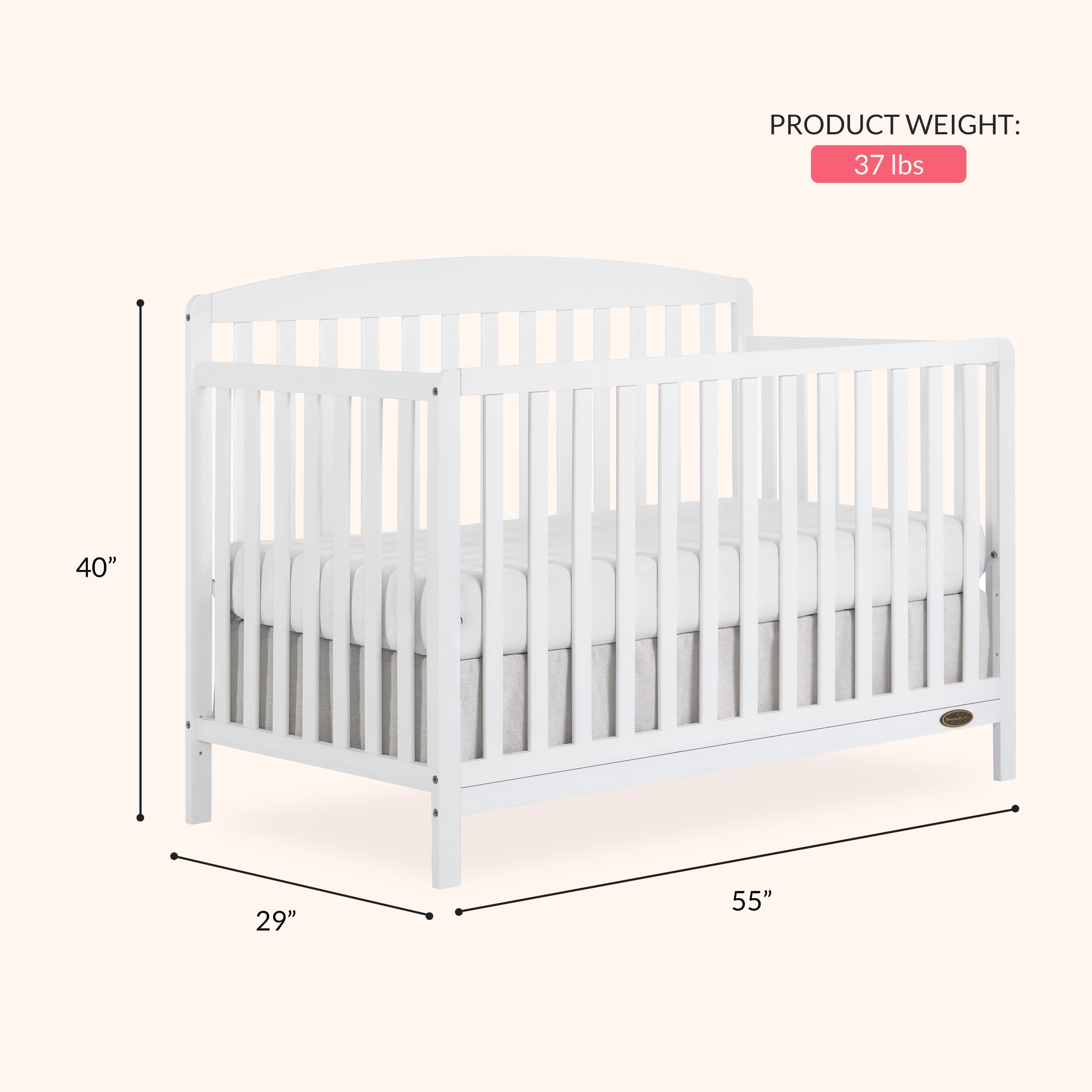 Dream On Me Odelle 5-in-1 Convertible Crib, Baby Crib to Toddler Bed and Full Size Bed, Three Adjustable Mattress Height Positions, White