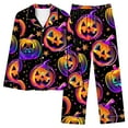 thumbnail image 2 of QIUOMBBP Woman Halloween Pajama Sets Funny Cute Ghost Pumpkin Print Button Down Shirts and Straight Leg Pant 2 Piece Lounge Set, Orange, S, 2 of 5