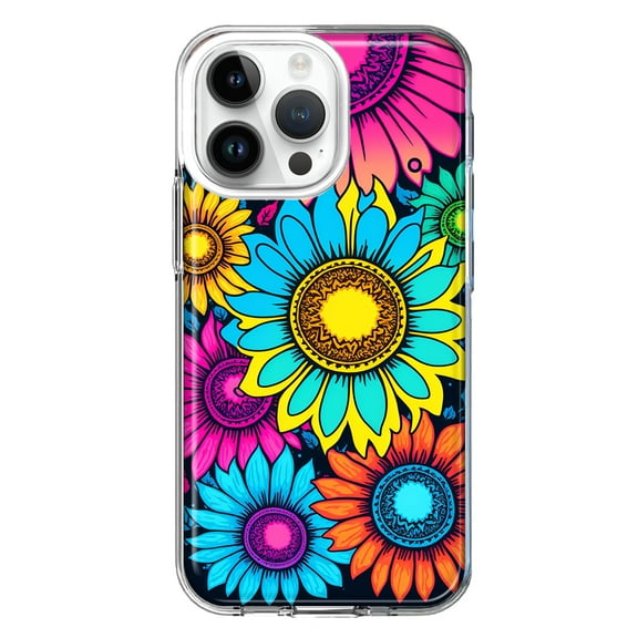 MUNDAZE Case for Apple iPhone 15 Pro Max Slim Hard Shell Soft TPU Hybrid Shockproof Heavy Duty Protective Phone Cover - Vintage Colorful Abstract Sunflowers Floral