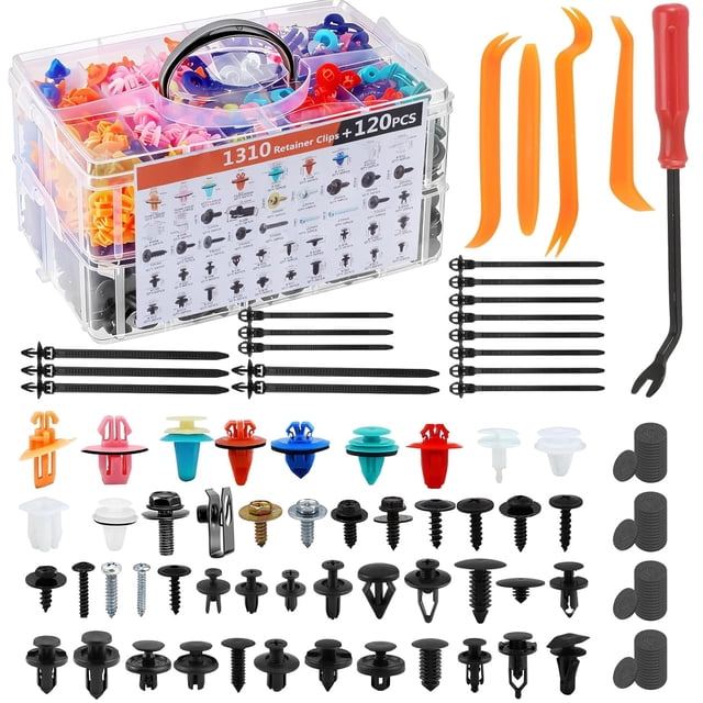 1430Pcs Car Retainer Clips & Plastic Fasteners Kit - 47 Sizes Colorful Auto Push Pin Rivets & Metal Screws with 5 Removal Tools, Cable Ties. 3-Layer Storage Box for GM Ford Honda (1430Pcs)