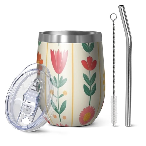 12oz Stemless Wine Tumblers Pioneer Flower Vacuum Insulated Stainless Steel Travel Tumbler Cups Mug with Lid and Straw for Champaign,Cocktail,Beer with Cleaning Brush