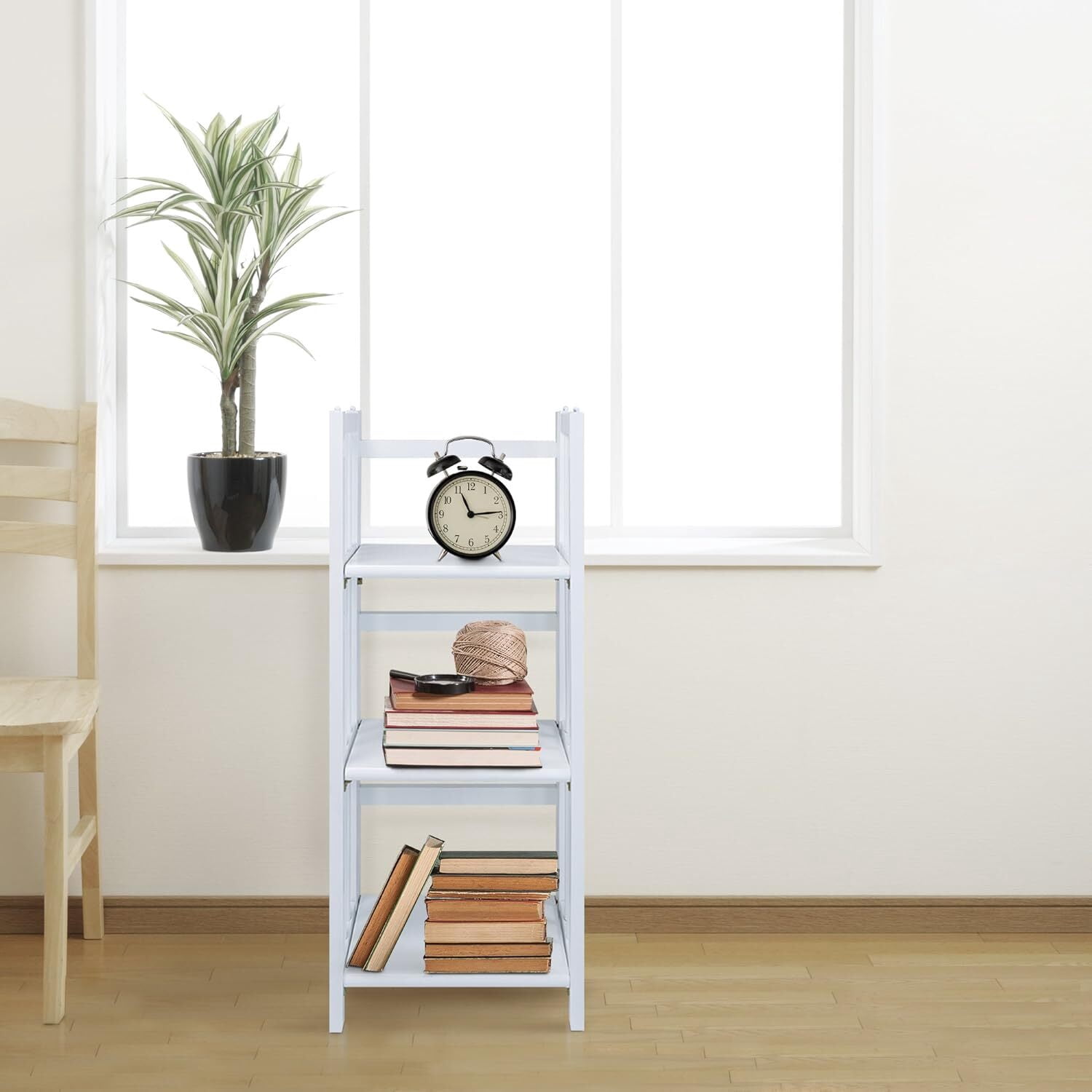 HomeStock 3-Shelf Stackable Folding Office Wood Furniture Bookcase, Contemporary Home and Office Furniture, Sturdy Wooden Shelving Storage-Color:White,Size:14 inch