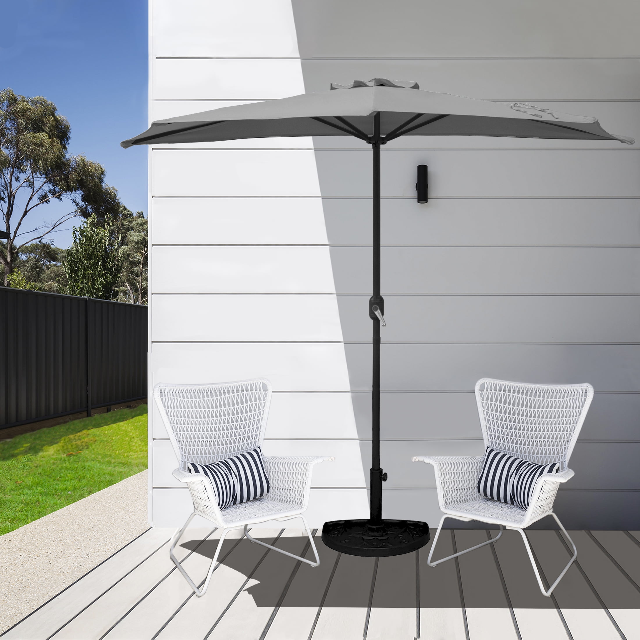 WestinTrends Lanai 9 Ft Outdoor Patio Half Umbrella with Base Include, Small Grill Deck Porch Balcony Shade Umbrella with Crank, 20 Lbs Half Round Base, Gray