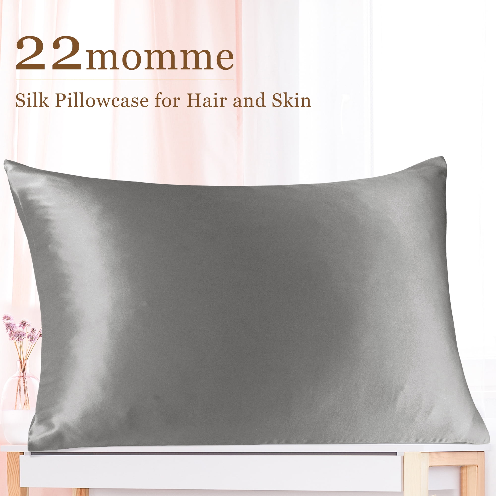 REGALWOVEN Silk Pillowcase Travel Silk Pillow Cover for Hair and Skin with Zipper Closure, Gray 14" x 20"