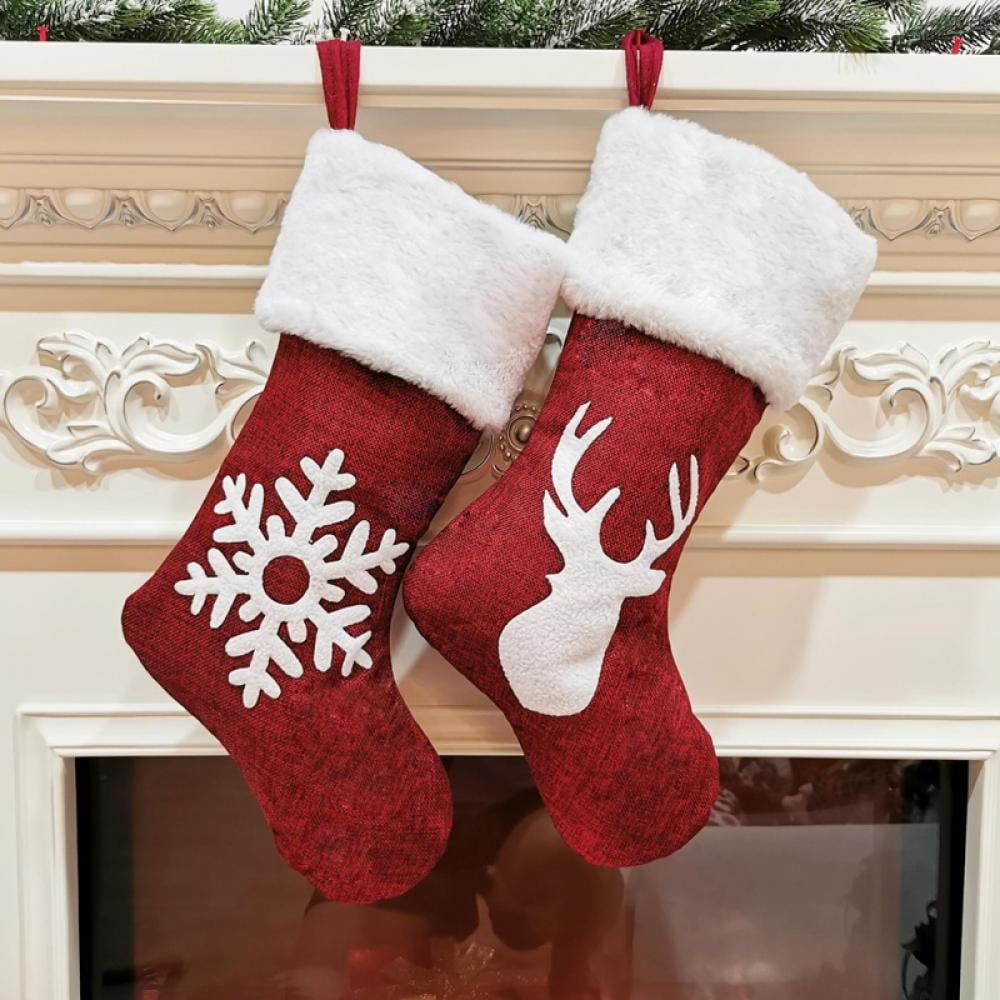 Christmas Stockings Deer Snowflake Christmas Tree Designs Christmas Stockings Red and White Felt Xmas Stocking Fireplace Hanging Gift Bags for Family Holiday Xmas Party Mantle Decorations