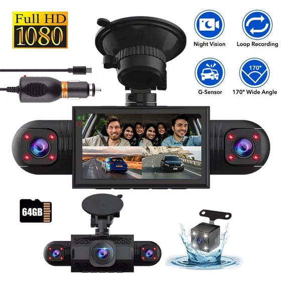NefLaca Dash Cam 4 Channel 360° Front Rear Inside DashCam HD 1080P Car Camera 64GB Card