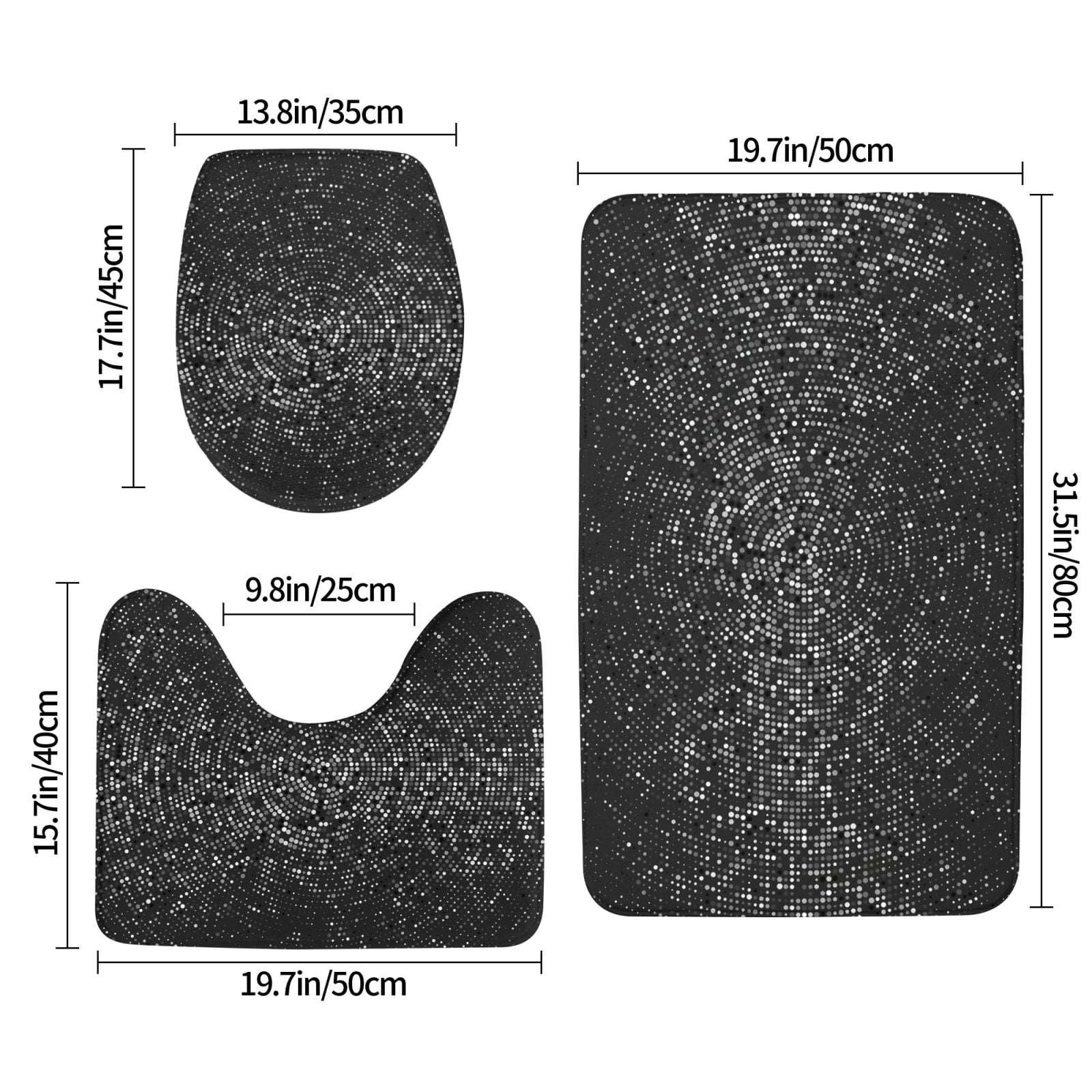 Bathroom Rugs Sets 3 Piece - Black And White Dotted Absorbent Non Slip Bath Mats, U-Shape Toilet Lid Cover, Contour Mat, Soft Washable Shower Mats Bath Rug Mat for Bathroom Tub Toilet