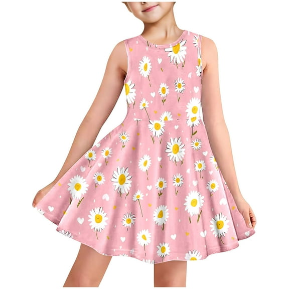 Pejock Girls Sleeveless Dress with Pockets - Full Print Cotton Spandex Jumper, Summer Casual & Party Dress for Toddler to Teen, Sizes 100-160 (3-14 Years)