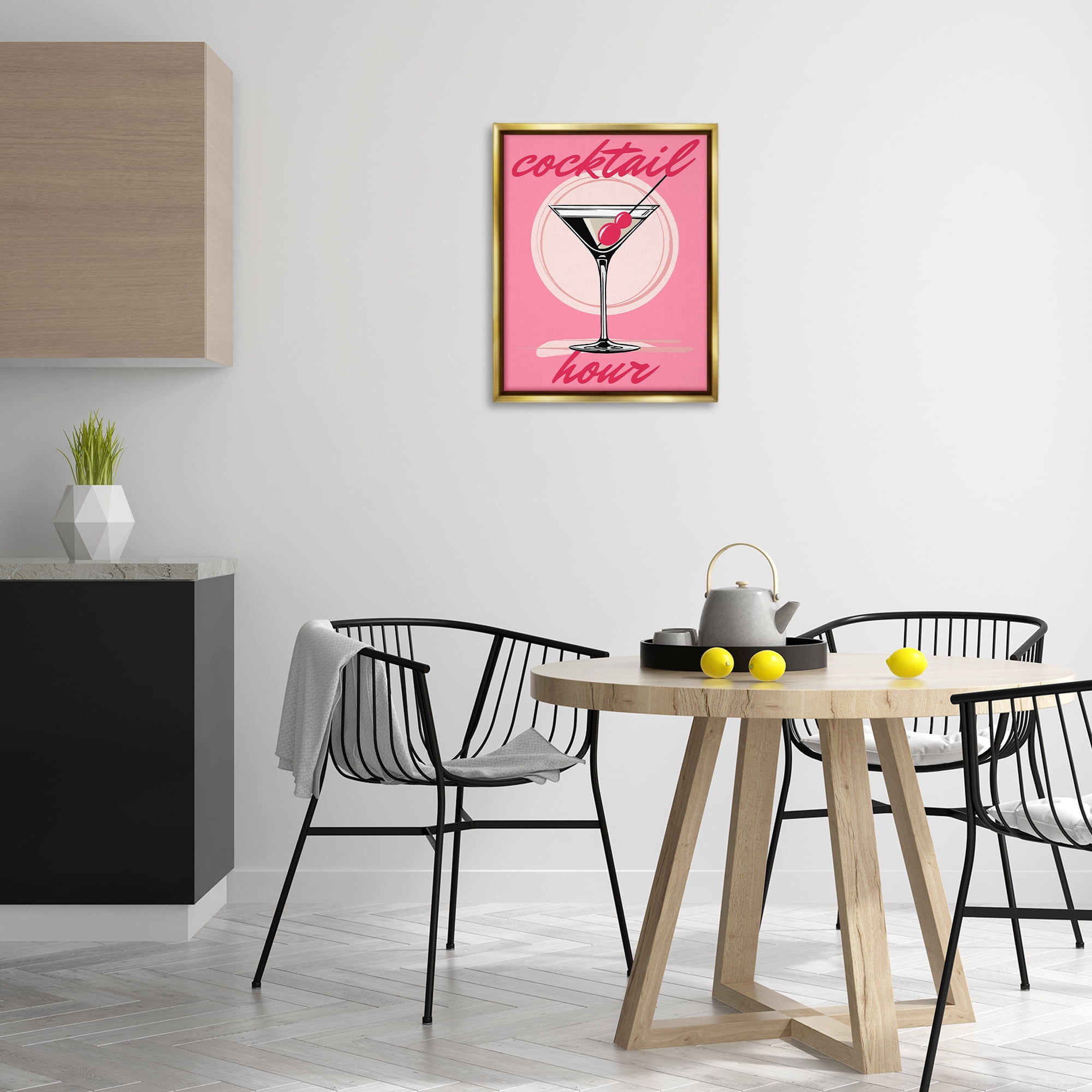 Stupell Industries Cocktail Hour on Pink Food & Beverage Painting Gold Floater Framed Canvas Art Print Wall Art, 17 x 21