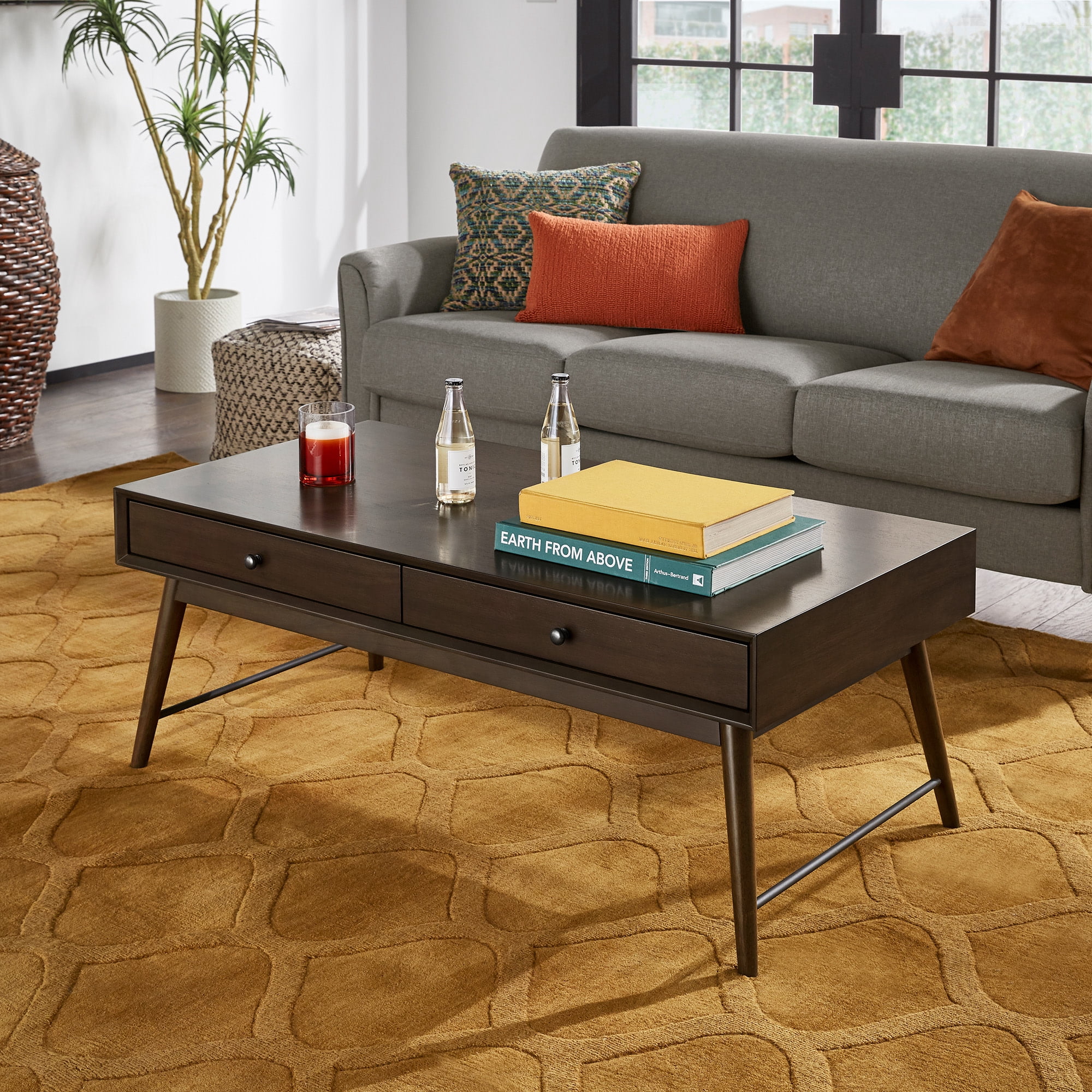Weston Home Alcott Wood 2-Drawer Coffee Table, Dark Walnut Finish