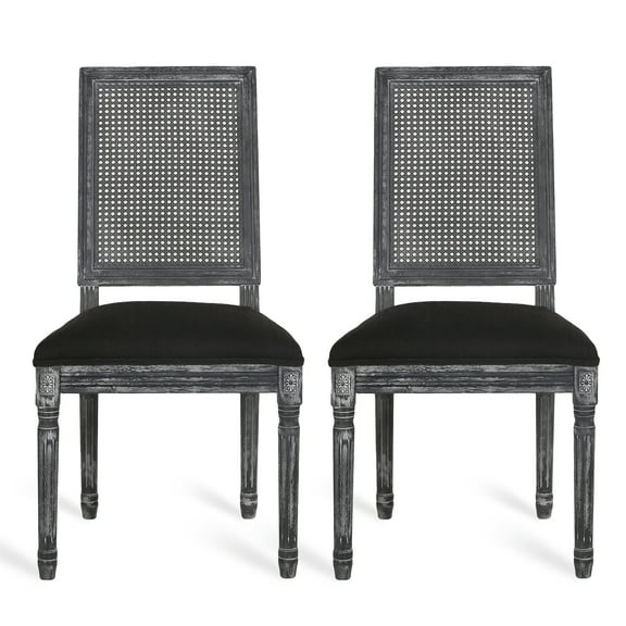 GDF Studio Brownell French Country Fabric Upholstered Wood and Cane Upholstered Dining Chairs, Set of 2, Black and Gray