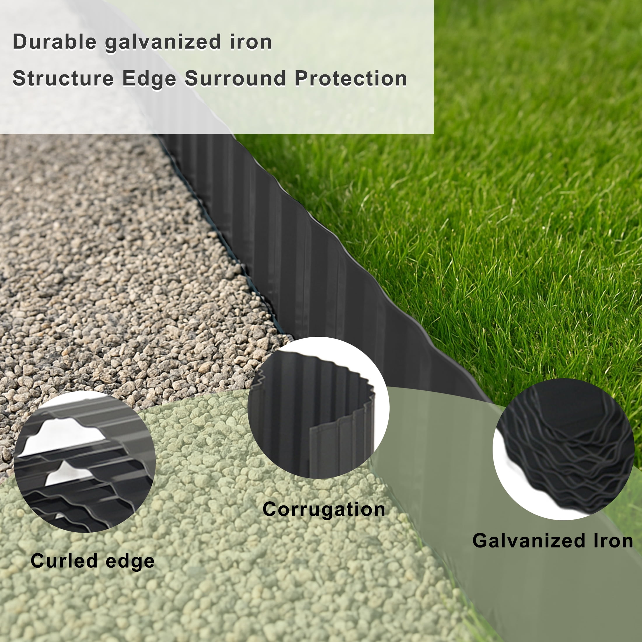 4W Galvanized Steel Landscape Edging Strip, Corrugated Garden Border, 6 in x 20 ft, Khaki Gray, for Flower Beds and Lawns
