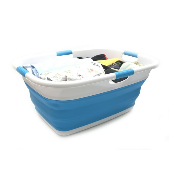 SAMMART Collapsible Oval Laundry Basket - Foldable Storage Container / Organizer - Portable Washing Bin - Space Saving Hamper - Car Trunk Storage Box / Pet Bath Tub, Sky Blue