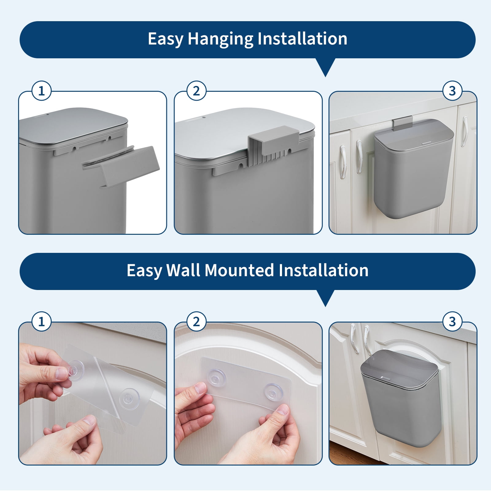 2.4 Gallon Kitchen Hanging Small Trash Can with Stainless Steel Lid, Odor-Free Compost Bin, Space-Saving Garbage Can for Cabinet, Under Sink, RV, Bathroom, Grey