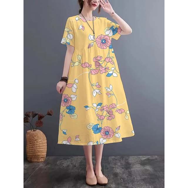 JUNWELL Été Motif Traditionnel Imprimé Décontracté Col Rond Robe à Manches Courtes Tissu Imitation Lin Robe Légère Respirante Confortable