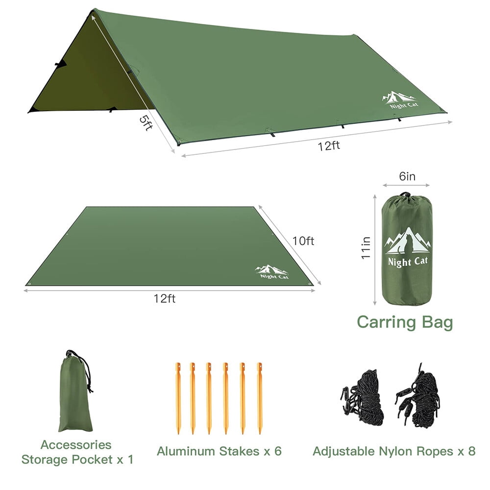 Waterproof Camping Tent Tarp Shelter Hammock Cover Lightweight Rain Fly Green 12x10ft