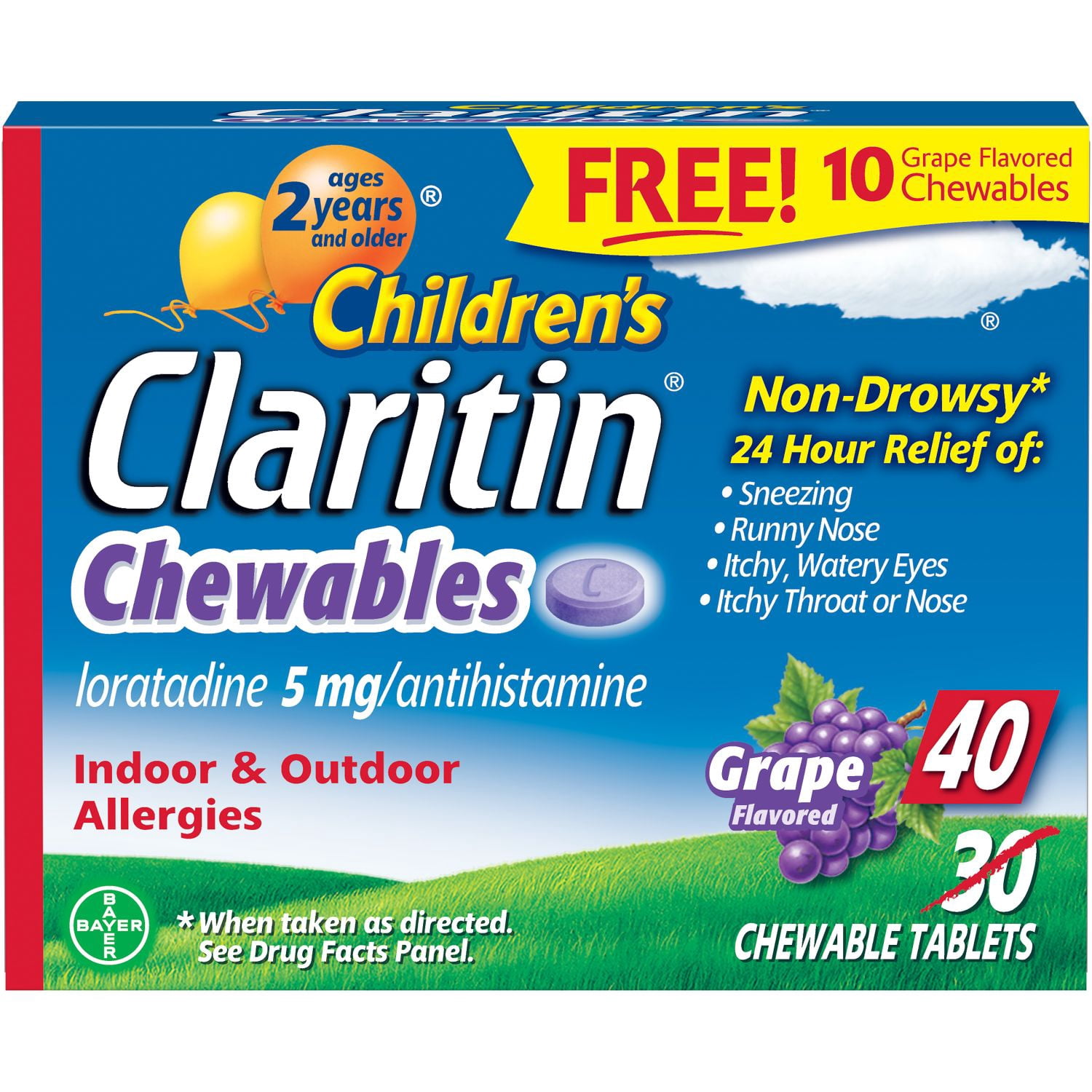Children's Claritin 24 Hour Allergy Grape Chewable Tablet, 5mg, 40Ct (30+10 Bonus)