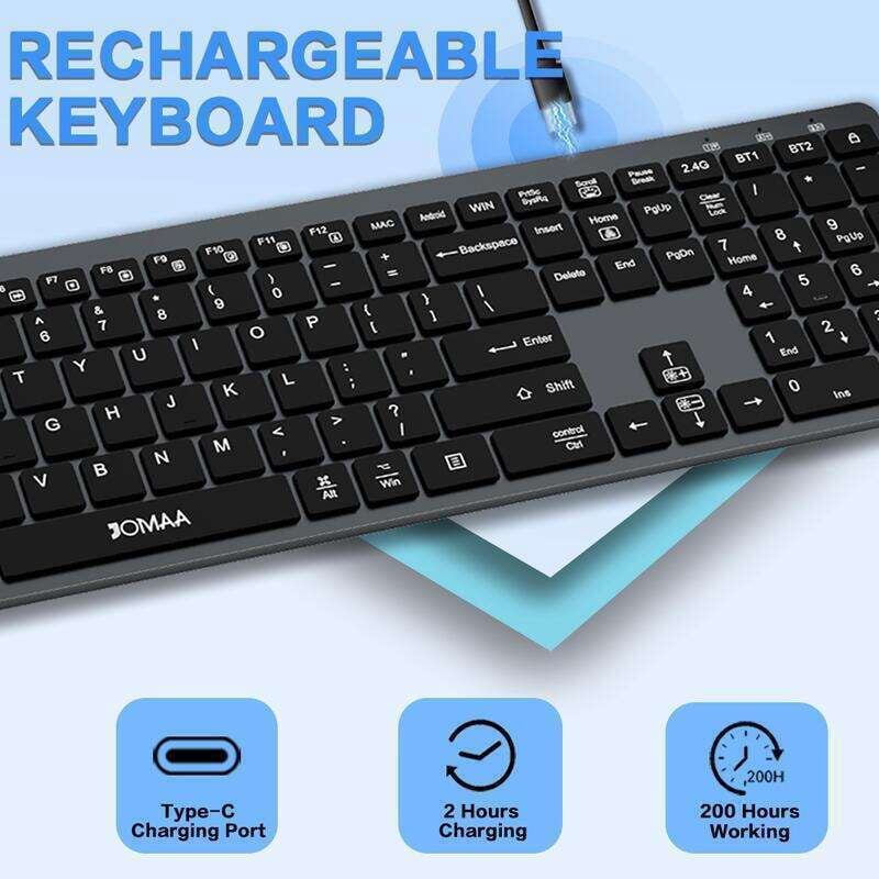 Full Size Silent Click Wireless Keyboard, RGB Backlit Rechargeable Bluetooth & USB Multi-Device Keyboard for Office, Compatible with Windows Mac iOS Android