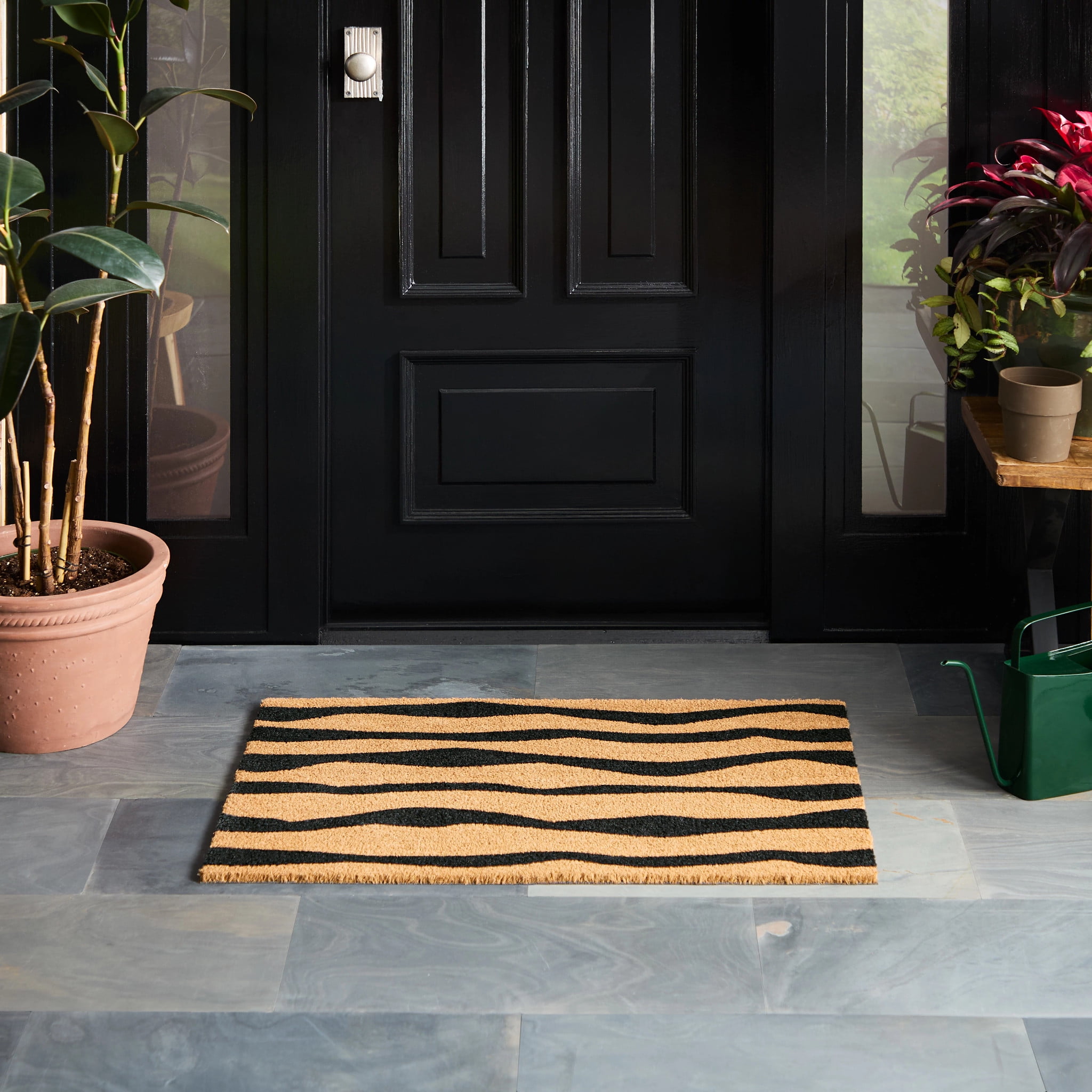 TOWN & COUNTRY TERRA Ravine Abstract Mountain Outdoor Door Mat, Natural Coir, Heavyweight, Non-Slip Entryway Mat, Black, 18"x30"