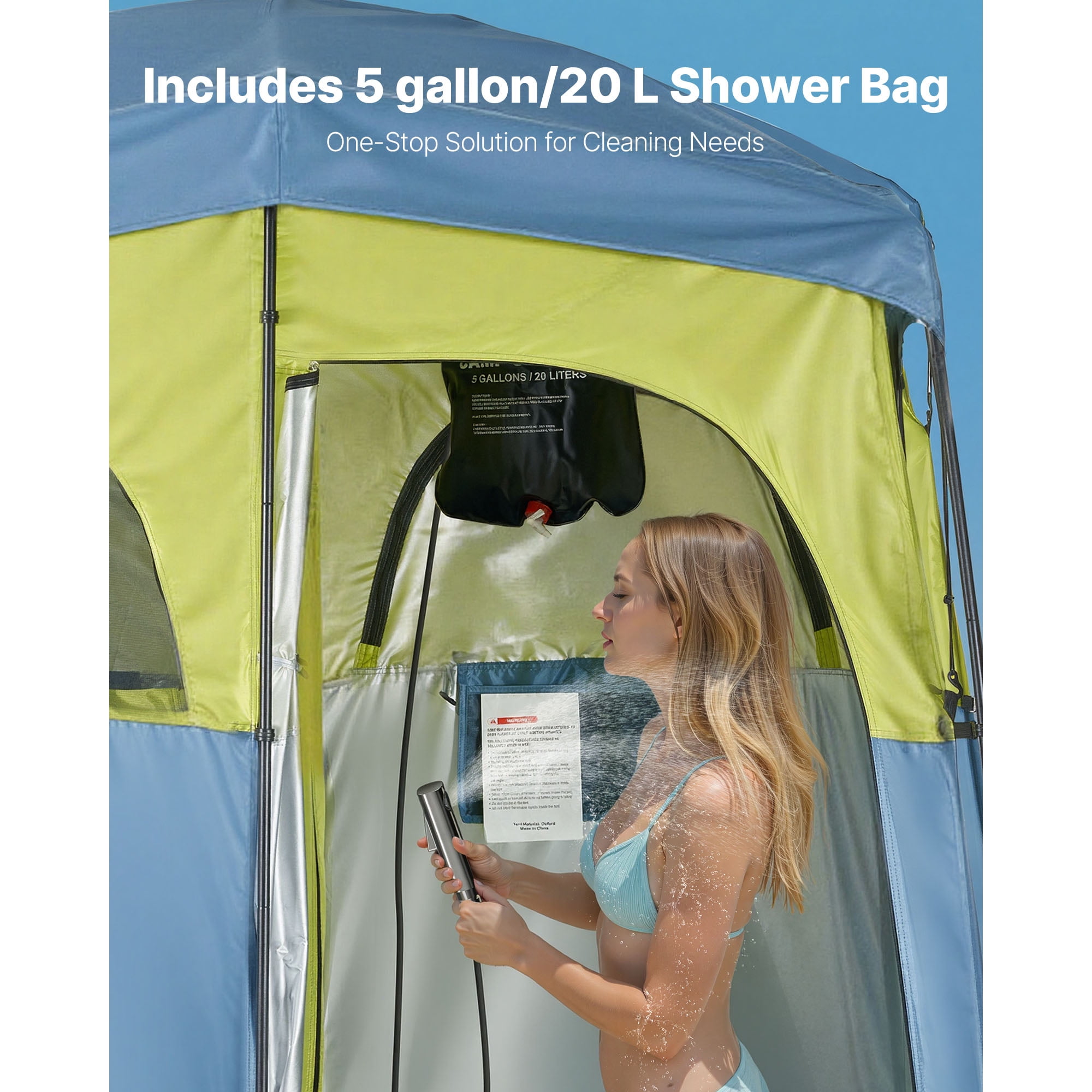 KFFKFF Portable Privacy Tent with Two Compartments, Includes Shower Bag, Ground Stakes, Ropes, Carry Bag, and Support Poles, Made of Durable 150D Oxford Fabric with Silver Coating