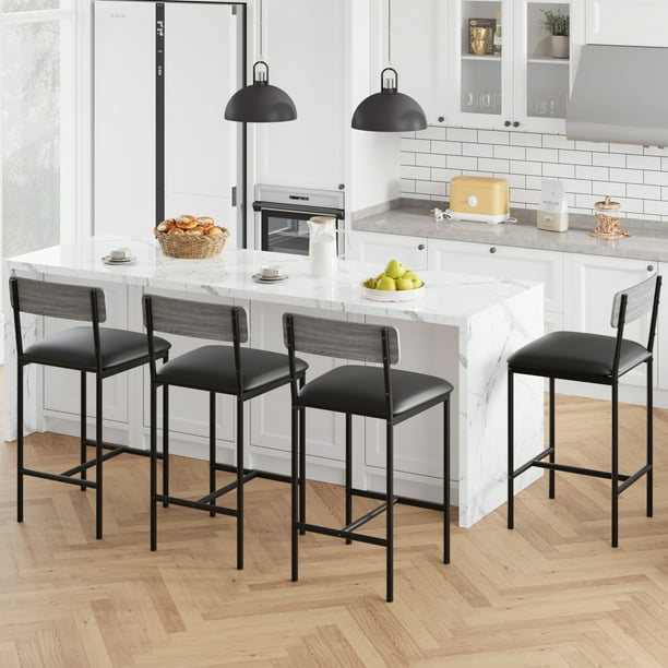 Juego de 4 taburetes de bar tapizados en PU con respaldo y reposapiés – Asiento ancho de 65 cm – Montaje sencillo – Ideal para barra, isla, apartamento o estudio – grey, Four-piece bar chair