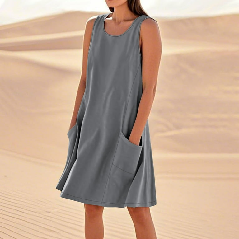 ZQUUVOU Women's Summer Dress Solid Color Cotton Linen Knee-Length Tank Dress With Pockets A-Gray,2XL - Walmart.com ZQUUVOU Women's Summer Dress Solid Color Cotton Linen Knee-Length Tank Dress With Pockets A-Gray,2XL - Walmart.com