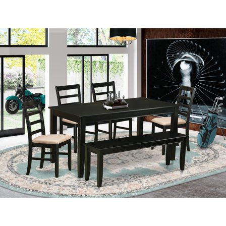 East West Furniture  6 Piece Dining Room Furniture Set- a Kitchen Table and 4 Linen Fabric Dining Chairs with a Bench, Black