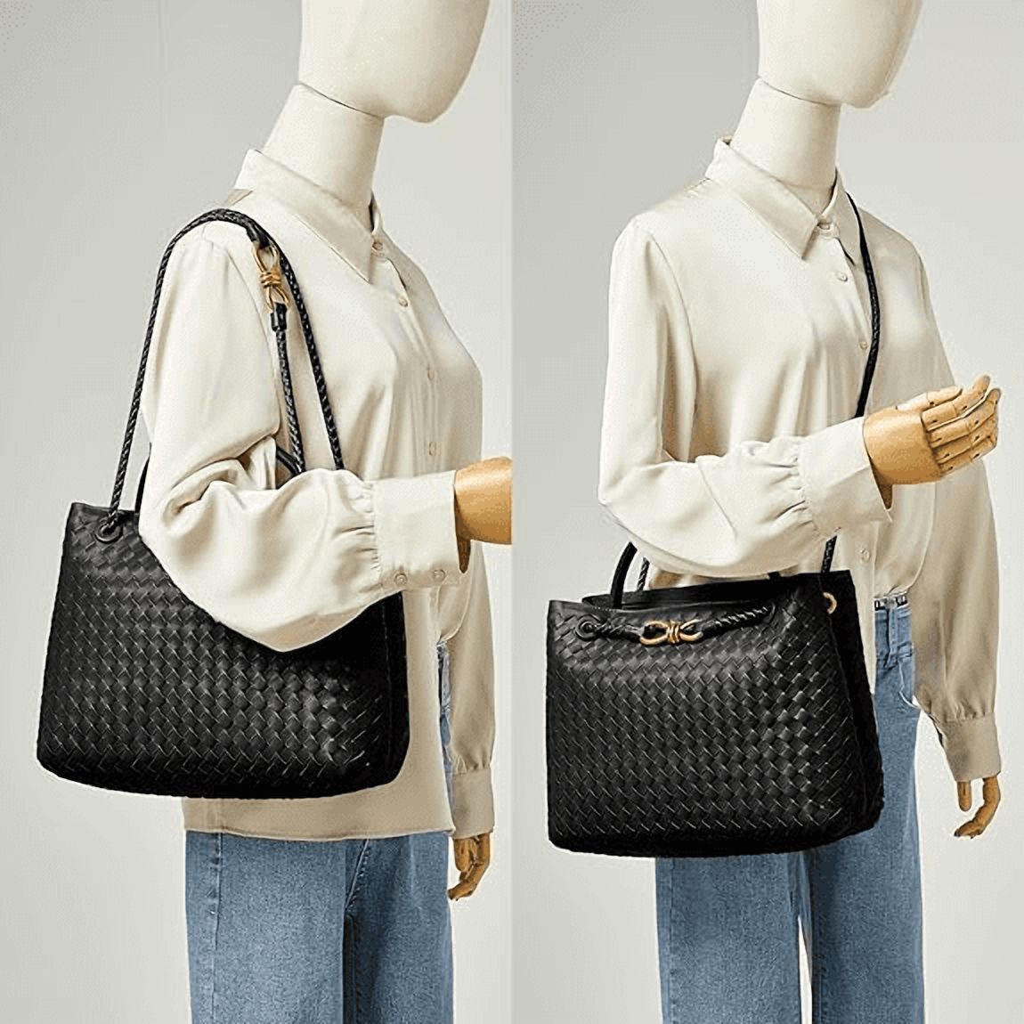 Large Tote Purse Woven Bag for Women Crossbody Handbag: Vegan Leather Small Tote Purse - Bowknot Satchel