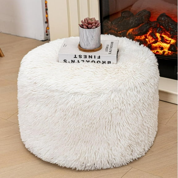 Round Pouf Ottoman Stuffed 20x12 Inches Floor Pouf Chair for Living Room Bedroom Modern Foam Pouf Ottoman Foot Rest for Couch Home Decor Pouffe Ivory