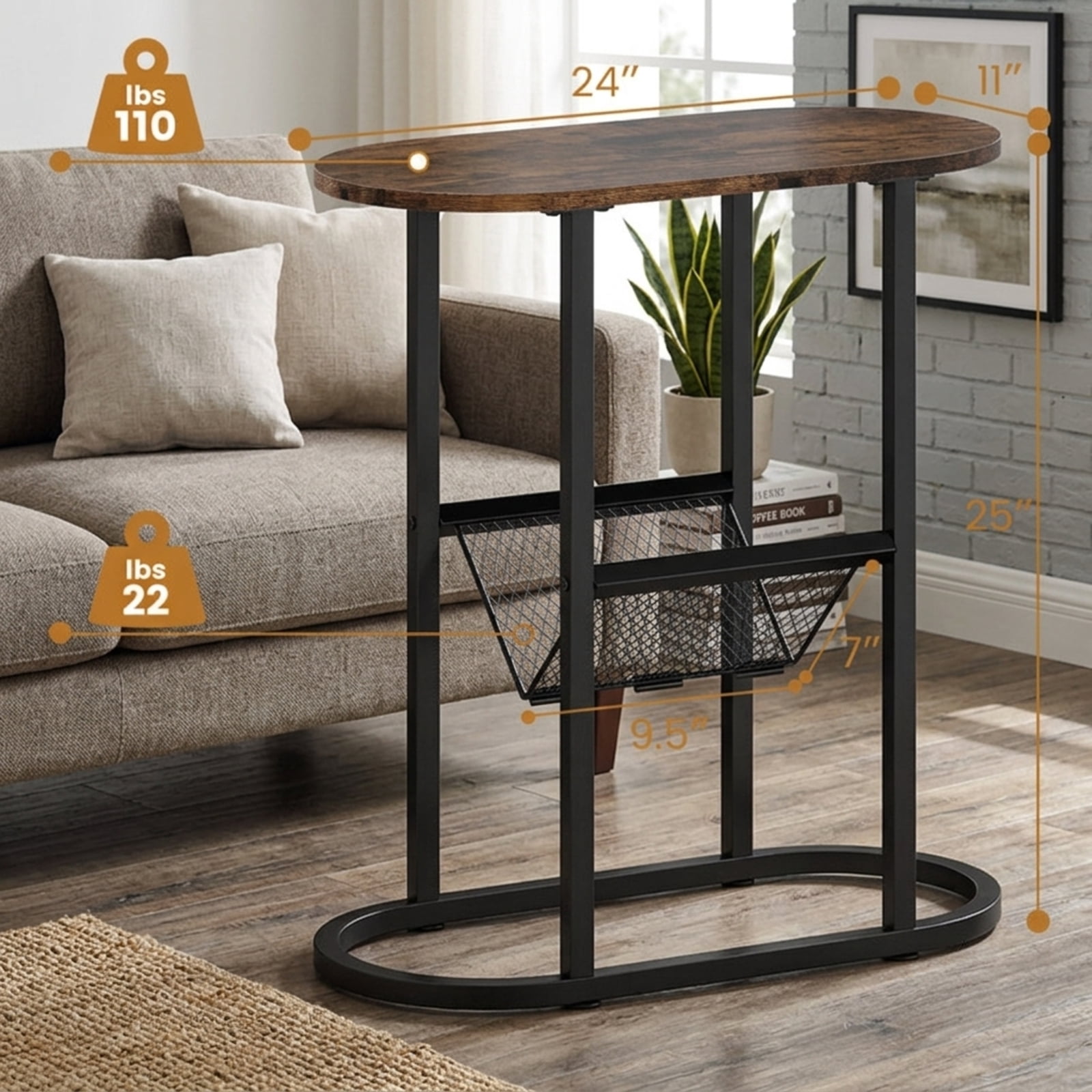Furnibear Narrow Oval End Table with Mesh Storage Shelf and Steel Frame for Small Spaces Bedside and Sofa Living Room, Rustic Brown