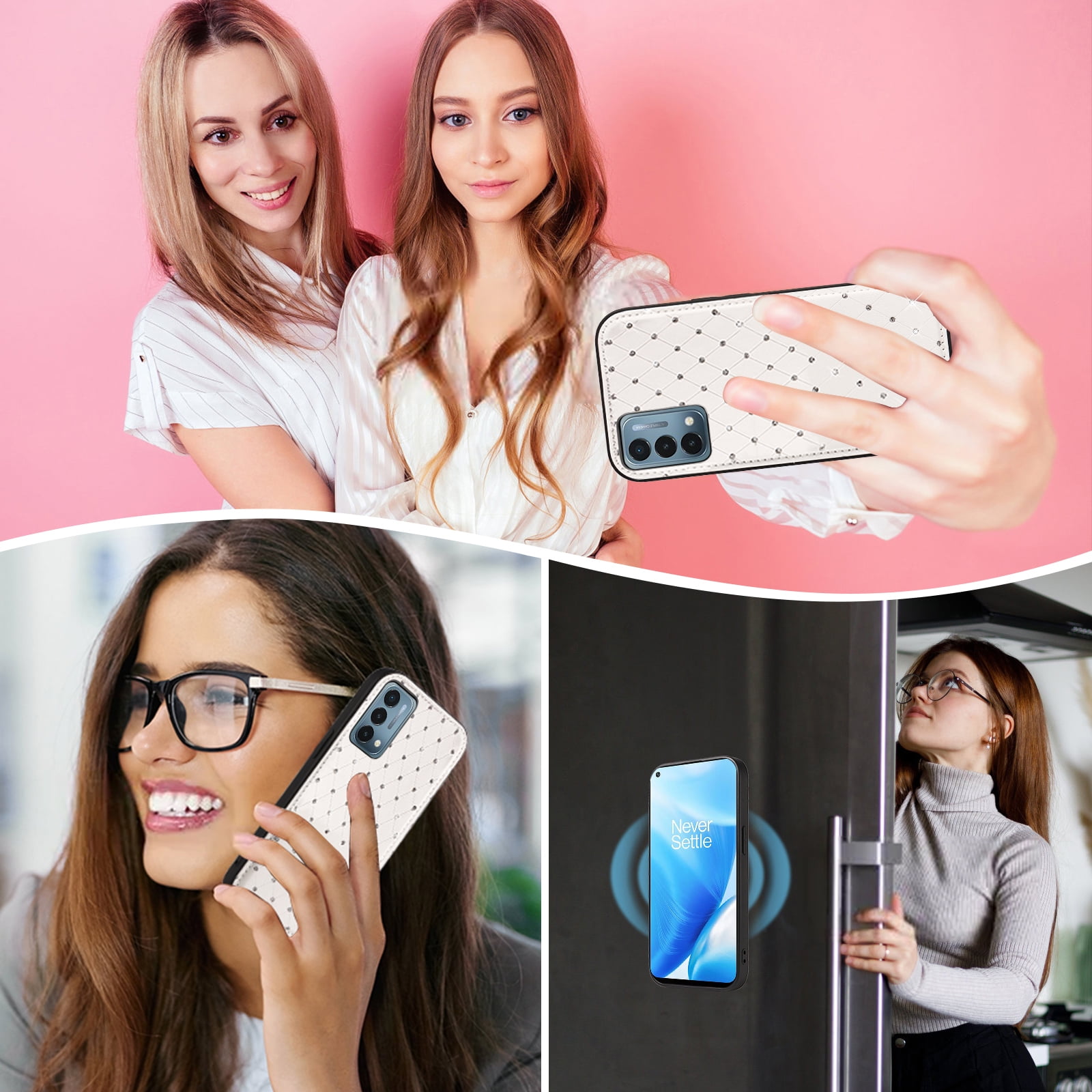Phone Case for OnePlus Nord N200 5G Zipper Wallet Detachable Cell Cover with Tempered Glass Screen Protector Crossbody Lanyard Strap Bling Glitter Flip Card Holder Slot One Plus N 200 G5 Women White