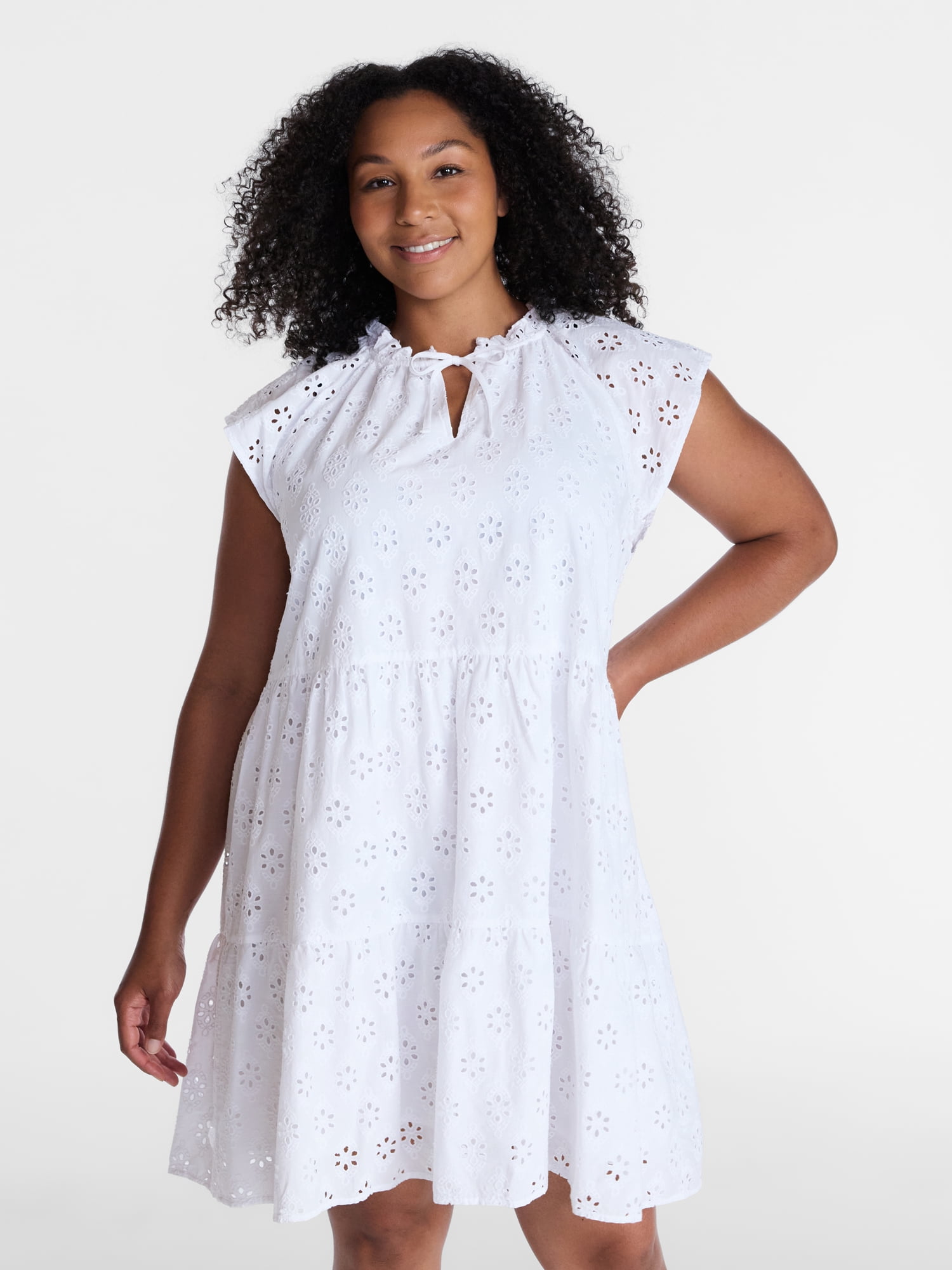Time and Tru Women's Eyelet Embroidery Cotton Mini Dress with Flutter Sleeves, Sizes XS-XXXL