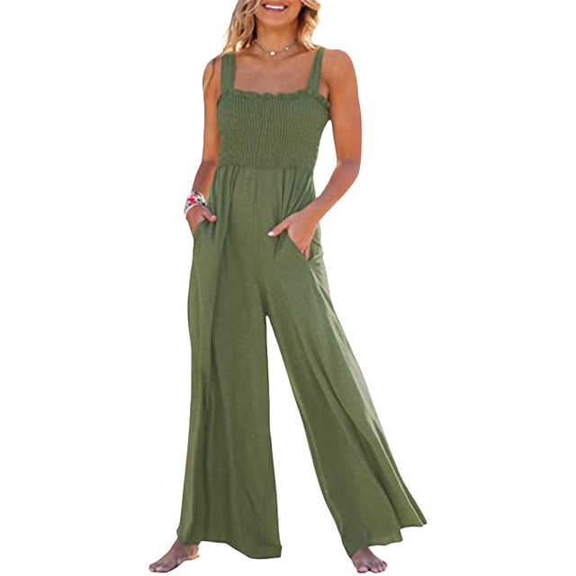 Sunloudy - Mono informal con cuello cuadrado para mujer, a la moda, color sólido/estampado, sin mangas, con pernera ancha Sunloudy S, M, L, XL