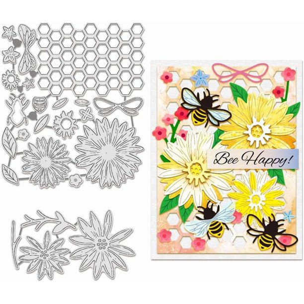 2 troqueles de corte de abejas, plantillas de panal de abejas, margaritas, flores, hojas, plantillas decorativas para repujado