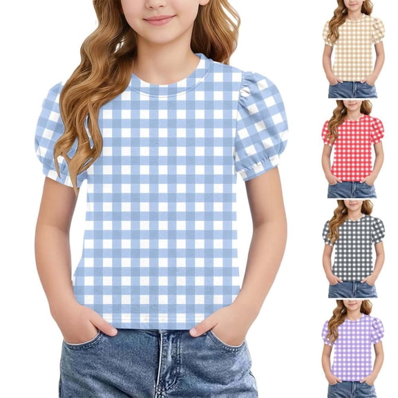 Bxsruta Girls Puff Sleeve Crew Neck Gingham Top Casual Short Sleeve Pullover for Ages 5-14