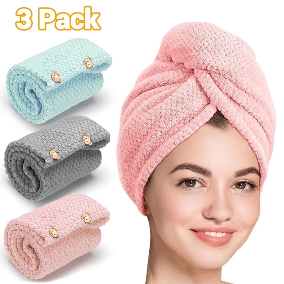 Microfiber Hair Towel 3 Pack,Hair Towel Wrap for Women Quick Dry Hair Turban for Wet Hair Anti Frizz,Super Absorbent Head Towels Wrap for Curly,Long & Thick Hair (Blue,Grey,Pink)