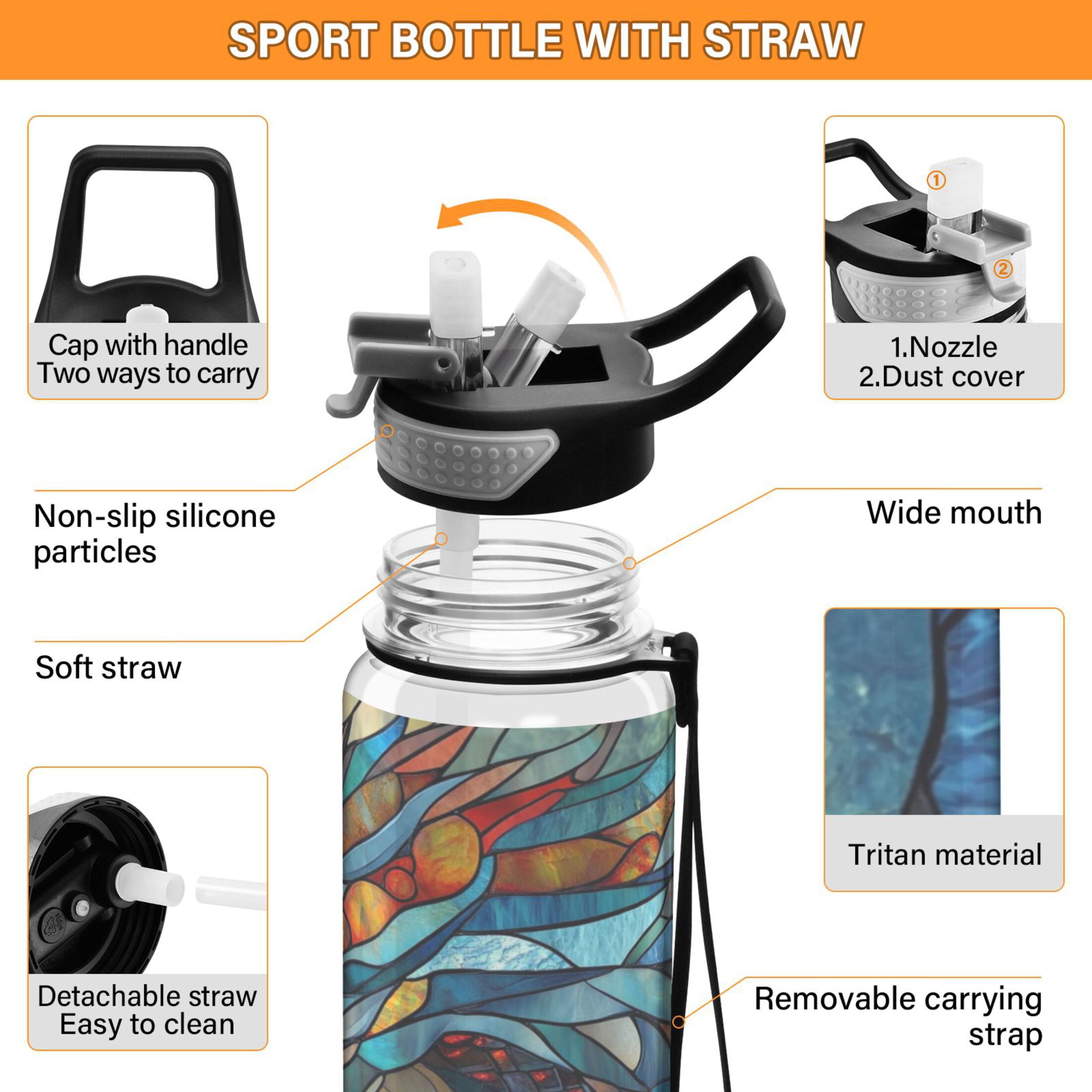 32oz Transparent Sports Water Bottle with Straw for Kids Adults Outdoor School Gym Fitness Stained Glass Dragon