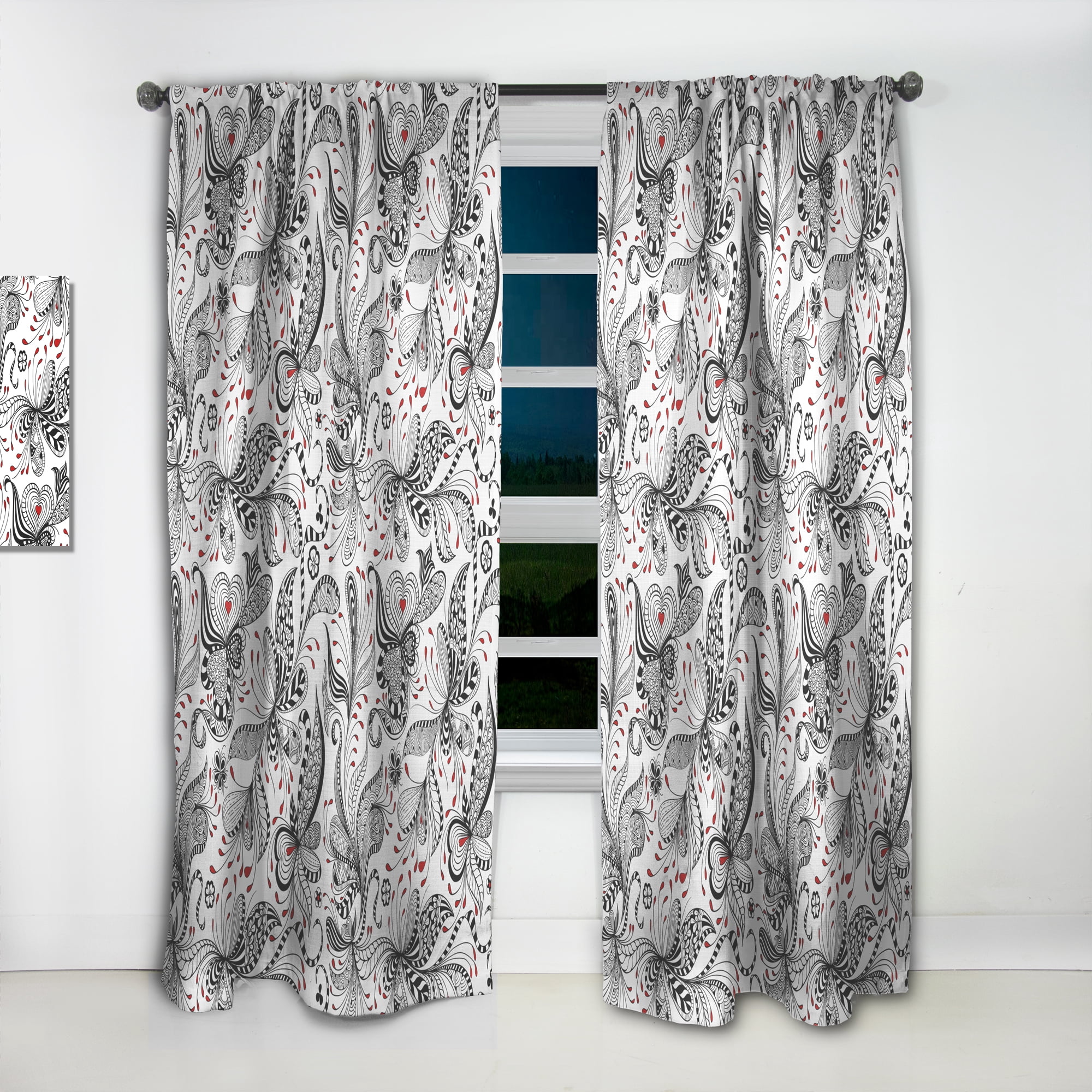 Designart 'Red and Black Floral Pattern' Bohemian & Eclectic Curtain Panel