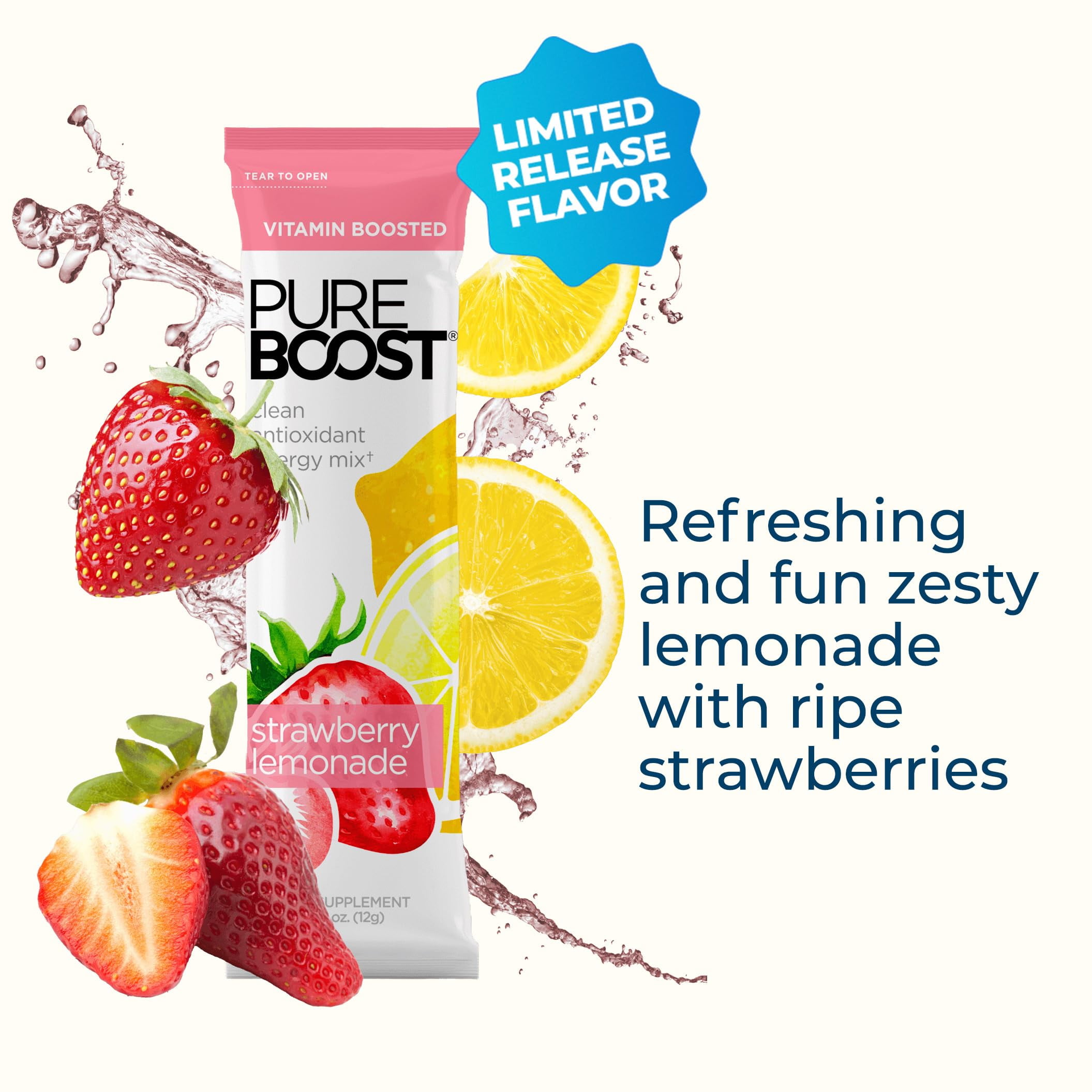 Pureboost Clean Energy Booster, Strawberry Lemonade 30 Count, Refreshing Energy Drink mix with B12, Electrolytes & Antioxidants, Sugar-Free with No Sucralose