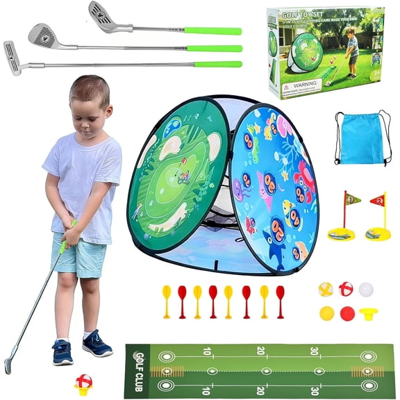 AOSITE Toddler Golf Set, 5 in 1 Kids Golf Set with 3 Golf Clubs, Putting Mat, 4-Sided Chipping Net, Golf Sport for Kid, Indoor Outdoor Kids Sticky Backyard Golf Games Toys Activitie Birthday Gift 3