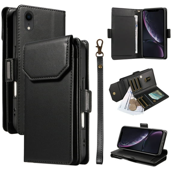 For iPhone XR Wallet Case, [RFID Blocking 11 Card Slots & 2 Cash Pockets] [Kickstand] [Wrist Strap] [Magnetic Closure] Soft PU Leather Shockproof Protective Flip Case,Black