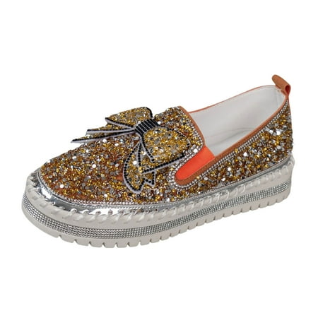 QYZEU Teacher Shoes for Women Flip Flop Sandals Women Ladies Fashion Solid Color Rhinestone Bow Decoration Thick Sole Casual Single Leather Shoes for Womens Gold 37
